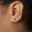 A close-up of a person's ear with a small gold earring featuring a frog design.