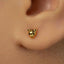 A close-up of a person's ear with a small gold earring featuring a cat's head design.