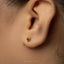A close-up of a person's ear with a small gold earring featuring a lion's head design.