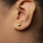 A close-up view of a person's ear wearing a small gold-colored earring with a small television icon on it.