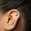 A close-up of a person's ear with a small silver flower-shaped earring inserted in the earlobe.