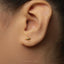 A close-up view of a person's ear adorned with a small gold earring featuring a shark design.