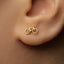 A close-up of a person's ear with a small gold-colored earring featuring a bicycle design.