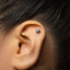 A close-up of a person's ear with a small silver earring in the earlobe.