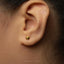 A close-up of a person's ear with a small gold earring featuring a small animal head design.