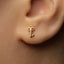 A close-up of a person's ear with a small gold key earring in the earlobe.