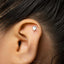 A close-up of a person's ear with a small silver earring in the earlobe.