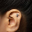 A small silver earring with a small alien figure attached to the earlobe.