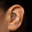A close-up of a person's ear with a silver ring or earring in the earlobe.