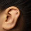 a close-up view of a person's ear with a small gold letter "F" stud earring.