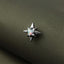A close-up image of a star-shaped metal pin with a gemstone in the center, resting on a textured fabric surface.