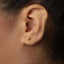 A close-up of a person's ear with a small gold earring featuring a small elephant design.