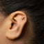 A gold-colored earring with a small bird-shaped charm is visible in the person's ear.