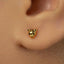 A close-up of a person's ear with a small gold earring featuring a cat's head design.