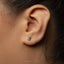 A close-up of a person's ear with a small silver earring featuring a small animal design.