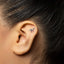 A close-up of a person's ear with a small silver earring featuring a dinosaur design.