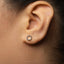 A close-up view of a person's ear with a small, round earring featuring a small, circular design in the center.
