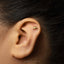 A close-up of a person's ear with a small gold earring in the earlobe.