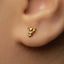 A close-up of a person's ear with a small gold earring featuring a small animal design.