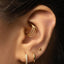 A close-up of a person's ear adorned with multiple gold earrings, including a hoop earring and two smaller earrings with a diamond accent.