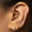 A close-up of a person's ear adorned with multiple gold earrings, including a hoop earring and a small stud.