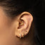 A close-up of a person's ear adorned with multiple gold earrings, including a hoop earring and two small earrings with stones.