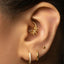 A close-up of a person's ear adorned with multiple gold earrings, including a crescent moon-shaped earring and a pair of dangling earrings.