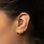 A close-up of a person's ear adorned with multiple gold earrings, including a hoop earring and a stud earring.
