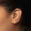 A close-up of a person's ear adorned with multiple gold earrings, including a crescent moon-shaped earring and hoop earrings.