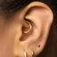 A close-up of a person's ear adorned with multiple gold earrings, including a hoop earring and two small earrings with diamonds.