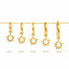 A collection of gold earrings with sun-shaped charms hanging from them, each with a different size indicated in millimeters.
