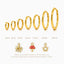 a collection of gold hoop earrings in various sizes, ranging from 6mm to 30mm, along with charm designs.