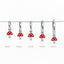 A row of red mushroom charms with sizes ranging from 8mm to 20mm, each charm hanging from a wire.