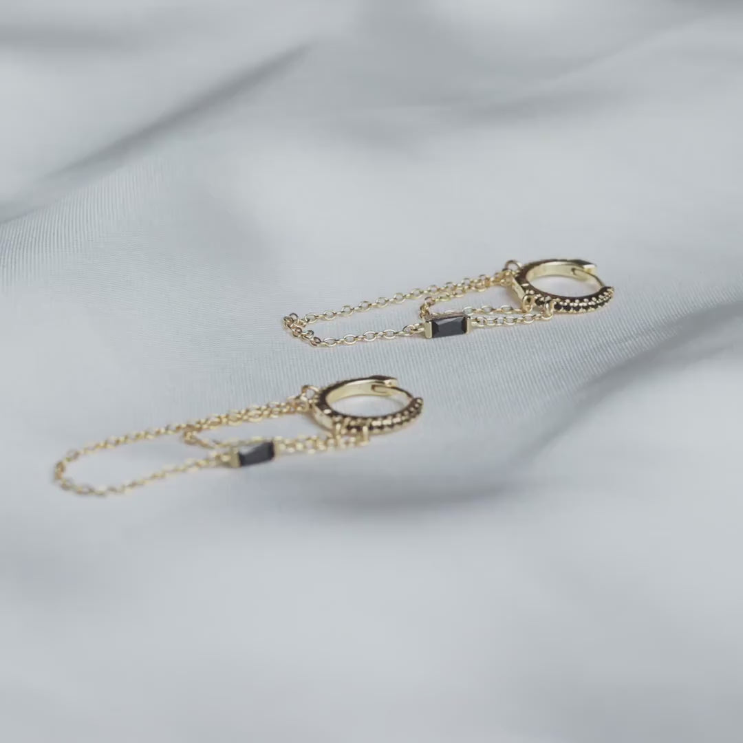 Dangle Chain Baguette CZ Hoop Earring, White, Emerald, Turquoise, Sapphire, Black, Unisex, Gold, Silver SH119, SH359, SH360, SH361, SH362