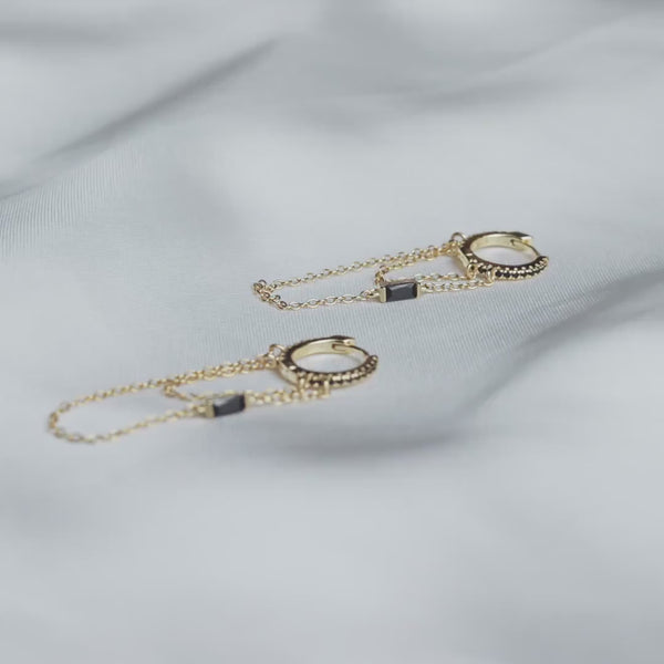 Dangle Chain Baguette CZ Hoop Earring, White, Emerald, Turquoise, Sapphire, Black, Unisex, Gold, Silver SH119, SH359, SH360, SH361, SH362