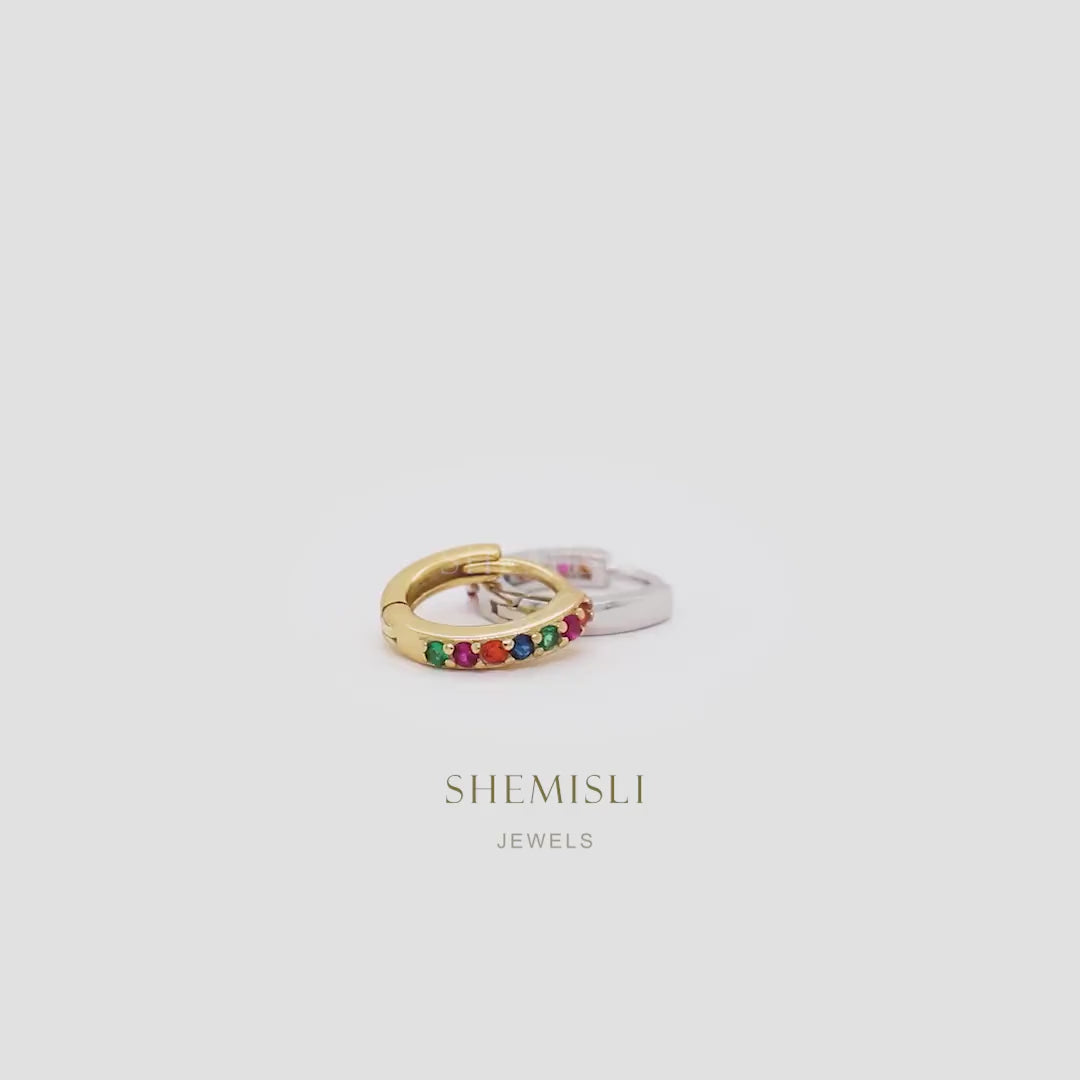 Multicolored Stone Hoop Earring, Rainbow Huggies, 6, 7, 8, 9, 10, 12mm Unisex, Gold, Silver SH132, SH133, SH134, SH135, SH136, SH138