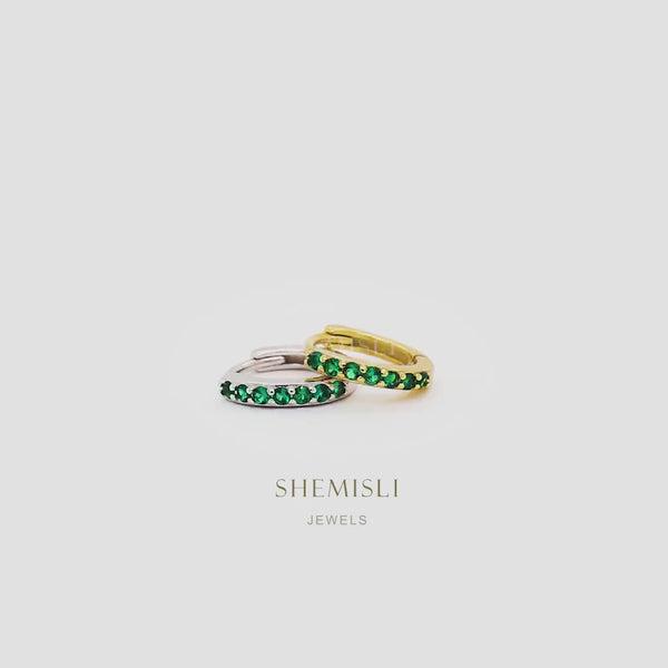 Simple Emerald CZ Hoop Earring, Huggies, 6, 7, 8, 9, 10, 12mm Unisex, Gold, Silver SHEMISLI - SH344, SH345, SH346, SH347, SH348, SH031