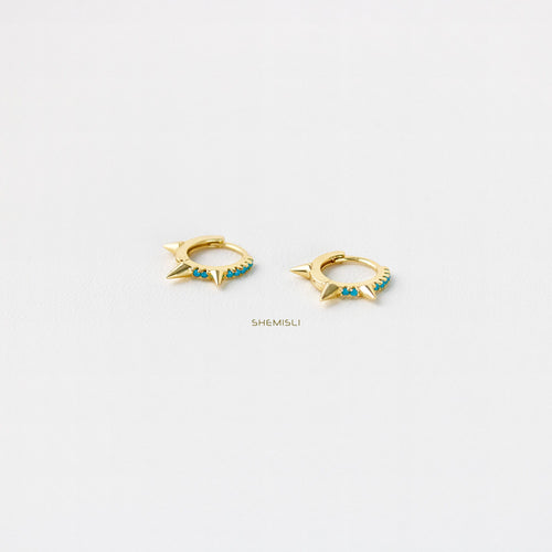 Turquoise Spike CZ Hoop Earrings, Huggies, Gold, Silver SHEMISLI SH096