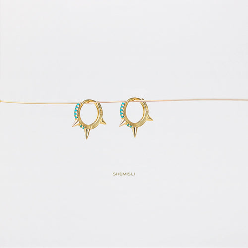 Turquoise Spike CZ Hoop Earrings, Huggies, Gold, Silver SHEMISLI SH096