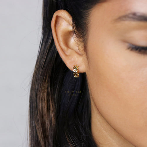 Leaf Hoop Earrings, Olive Leaf Huggies, Gold, Silver SHEMISLI - SH208