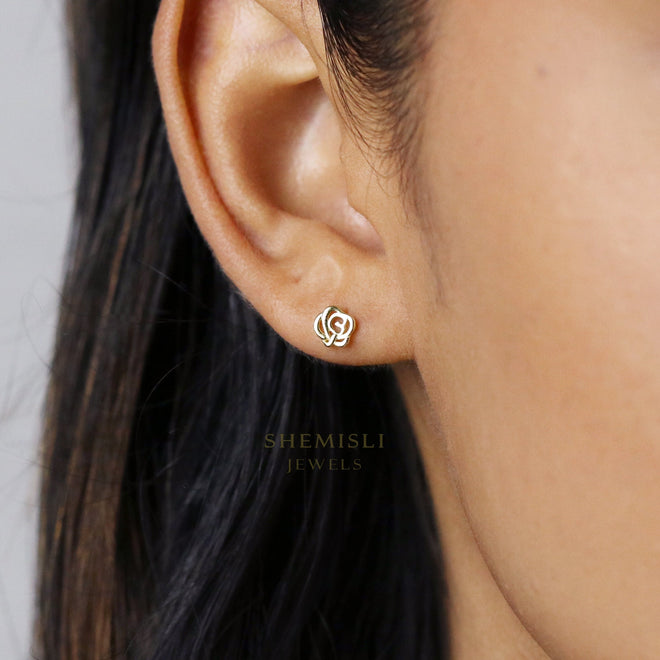 Rose Flower Stud Earrings, Gold, Silver SHEMISLI SS175 Butterfly End, SS765 Screw Ball End (Type A)