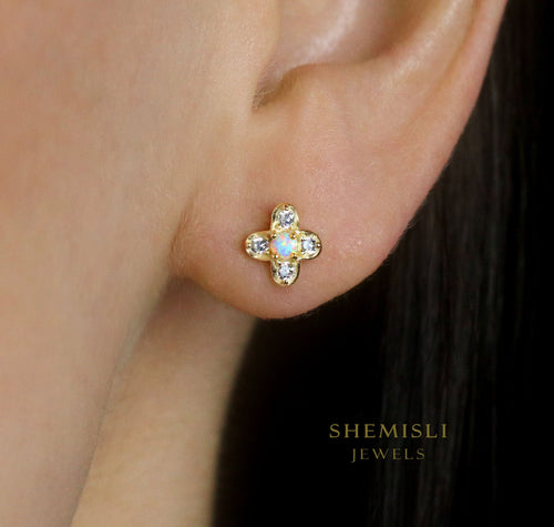 Opal CZ Stone Clover Flower Studs, Gold, Silver SHEMISLI - SS215