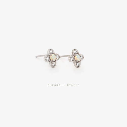 Opal CZ Stone Clover Flower Studs, Gold, Silver SHEMISLI - SS215