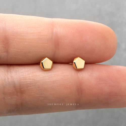 Tiny 3D Pentagon Stud Earrings, Gold, Silver SHEMISLI SS257