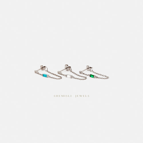 Dainty Baguette Chain Studs, White Stone, Emerald, Turquoise, Sapphire, Black Stone, Gold Silver SHEMISLI SS332, SS302, SS303, SS304, SS305