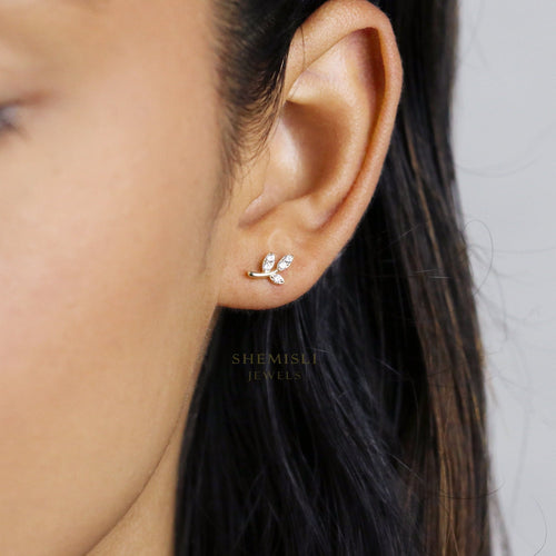 Tiny Leaf CZ Earrings, Gold, Silver SHEMISLI - SS176 Butterfly End, SS767 Screw Ball End (Type A) LR