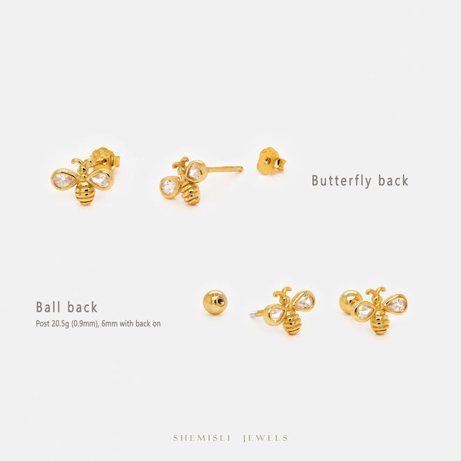 Bee CZ Studs Earrings, Gold, Silver SHEMISLI - SS044 Butterfly End, SS361 Screw Ball End (Type A)