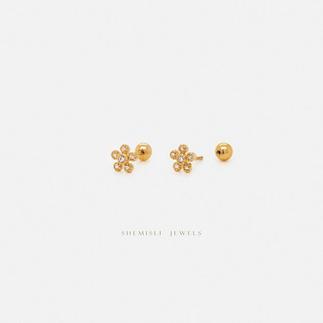 Tiny CZ Flower Studs Earrings with Screw Ball End (Type B), Gold, Silver SHEMISLI SS337
