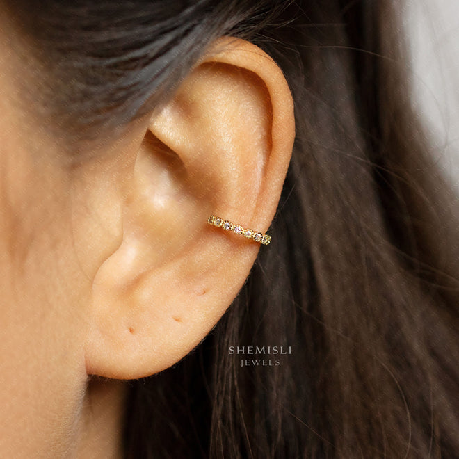 Bezel CZ Stone Ear Conch Cuff, Earring No Piercing is Needed, Gold, Silver SHEMISLI SF029
