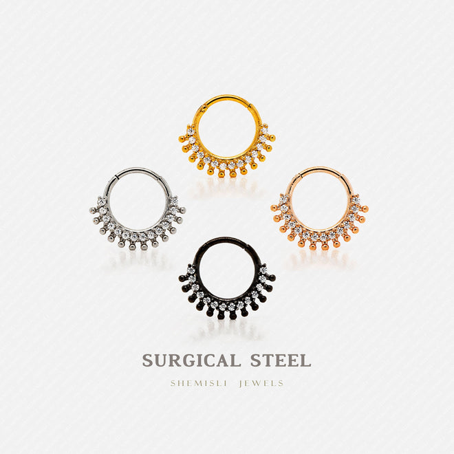 Beaded CZ Daith Ring, Hinged Clicker Hoop, Septum Nose Ring, 16ga 8mm or 10mm, Surgical Steel, SHEMISLI SH422, SH423